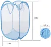 A blue pop-up laundry basket shown in its open and folded states, with dimensions indicated. Produktbild-Vorschau
