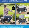 A collage of images showing a woman using a garden cart, dimensions of the cart, and the cart's storage capacity. Produktbild-Vorschau