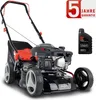 A black and red gas-powered lawnmower is shown from a slightly angled front-left perspective on a white background. A bottle of oil is placed to the right of the lawnmower. A promotional graphic with a red '5' and text is in the upper right corner. Produktbild-Vorschau