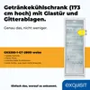 A white beverage cooler with a glass door and shelves, featuring an energy efficiency label and marketing text. Produktbild-Vorschau