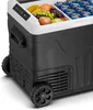 A close-up view of a portable cooler filled with fruits and drinks, with a digital control panel visible. Produktbild-Vorschau