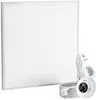 A white infrared heating panel with a white thermostat and coiled cable. Produktbild-Vorschau