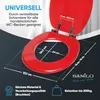 A red toilet seat and lid are shown with measurement diagrams and feature callouts. Náhled obrázku produktu