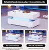 Collage showing a white multifunctional coffee table with LED lighting, in different modes of use. Náhľad obrázku produktu