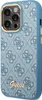 A close-up view of a blue phone case with a repeating Guess logo pattern and a gold Guess logo at the bottom. Produktbild-Vorschau