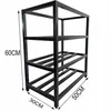 A black metal shelving unit with three shelves, shown from a slight angle. Dimensions are indicated with text labels. Náhľad obrázku produktu