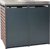 A two-compartment trash can enclosure with a metal top and wood-look siding. Podgląd zdjęcia produktu