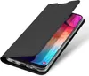 A black flip case for a smartphone is shown partially open, revealing the phone's screen. Produktbild-Vorschau