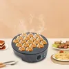 A takoyaki maker with 18 holes filled with takoyaki balls, placed on a table with other food items like cake, steak, and pasta. Steam is rising from the takoyaki. Náhled obrázku produktu