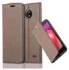 A brown flip case for a mobile phone is shown, with the phone partially inserted and its screen visible. Náhľad obrázku produktu