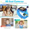Collage of images showing a blue smartwatch for children, with examples of its camera features and face unlock functionality. Produktbild-Vorschau