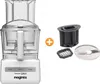 A white Magimix food processor with accessories, including a dicing kit and a slicing disc, is displayed against a white background. The product includes a plus sign indicating it's a bundle. Anteprima dell’immagine prodotto