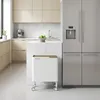 A modern kitchen with a refrigerator, cabinets, and a trash can. Produktbild-Vorschau