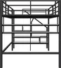 A black metal loft bed with shelves and a ladder, shown from the front against a white background. Náhled obrázku produktu