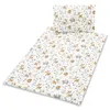 A baby bedding set with a woodland animal pattern, including a pillow and a duvet, laid out flat on a white background. Produktbild-Vorschau