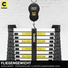 A telescoping ladder is weighed on a digital scale, with text overlay describing its features. Produktbild-Vorschau