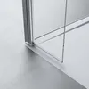 A close-up view of the bottom corner of a modern shower enclosure, showing the glass panel and its metallic frame resting on a white shower tray and a light gray floor. Produktbild-Vorschau