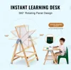A child is sitting at a learning desk with a whiteboard and drawing supplies. The image also shows a diagram of a rotating easel. Voir les images du produit