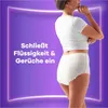 A woman wearing incontinence underwear, with text overlay describing product features. Podgląd zdjęcia produktu