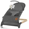 A gray baby bouncer with a wooden frame and hanging toys. Produktbild-Vorschau