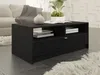 A black coffee table with a drawer and open shelving is placed in a modern living room setting, next to a sofa and a plant. Voir les images du produit