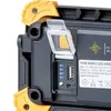 A close-up view of the ports and battery indicator on a black and yellow work light. Produktbild-Vorschau
