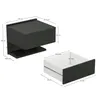 A diagram showing the dimensions of two black wall-mounted nightstands, one assembled and one with its drawer extended. Náhled obrázku produktu