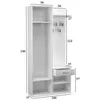 A white wardrobe with multiple compartments, a drawer, and coat hooks, shown with dimensions. Produktbild-Vorschau