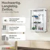 A white display cabinet mounted on a wall, showcasing various items inside. Text overlays describe features. Produktbild-Vorschau
