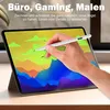 A hand is using a stylus on a tablet displaying a colorful drawing. Produktbild-Vorschau