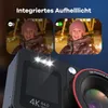 A digital camera is shown with two inset images demonstrating its integrated fill light feature. The inset images show a young girl smiling, with the left image appearing darker and the right image brighter due to the fill light. Produktbild-Vorschau