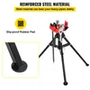 A pipe vise on a tripod stand with close-up inset of its rubber foot. Voir les images du produit
