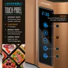 Close-up of a toaster with a touch panel and text explaining its functions, alongside images of various toast toppings. Náhľad obrázku produktu