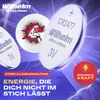 Three coin cell batteries are shown against a purple background with lightning effects. One battery is in the foreground, and two are in the midground. Text and graphics highlight the product's features. Produktbild-Vorschau