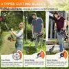 Three people are shown using different types of grass trimmers with different blades in outdoor settings. Produktbild-Vorschau