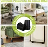 A collage of images showing black furniture risers used with different types of furniture such as a coffee table, a bed, and a sofa. The risers are also shown in a close-up view. Produktbild-Vorschau