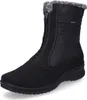 A black winter boot with a zipper on the front and faux fur trim. Náhľad obrázku produktu