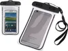 Two waterproof phone pouches, one with a Samsung phone inside and another with a generic smartphone inside, are shown against a white background.