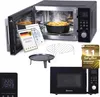 A collage of images showcasing a microwave oven and its accessories, along with marketing materials. Produktbild-Vorschau