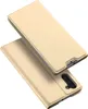 A gold-colored flip case for a smartphone is shown from a diagonal angle, with the front cover open. Produktbild-Vorschau