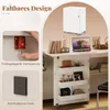 A collage of images showing a white folding sewing table with shelves and a laptop on it, along with close-ups of its locking mechanism and anti-collision pads. Náhľad obrázku produktu