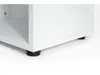 A close-up view of the bottom corner of a white shelf unit, showing its black feet. Produktbild-Vorschau