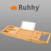 A wooden bath tray with a built-in stand for a tablet or book, placed on a gray background. Podgląd zdjęcia produktu