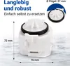 A close-up marketing image of a washing machine drain pump with dimensions and feature callouts. Produktbild-Vorschau