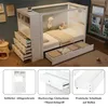 A white wooden bed frame with storage drawers and a side cabinet, shown in a room with a window and decorative items. The image is a collage of the main product shot and close-ups of its features. Produktbild-Vorschau