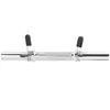 A silver dumbbell bar with knurled grip and black spring collars is shown against a white background. Produktbild-Vorschau