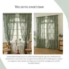 Two images of green lace curtains hanging in windows, with text describing their versatility. Produktbild-Vorschau