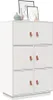 A white cabinet with six compartments, each with a leather handle, sits on a light gray base. Decorative items including vases and framed pictures are displayed on top of the cabinet. Voir les images du produit