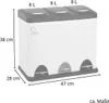 A white three-compartment trash can with pedal-operated lids, shown with dimensions indicated. Produktbild-Vorschau