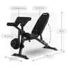 A diagram showing the dimensions of a black adjustable weight bench. Náhľad obrázku produktu